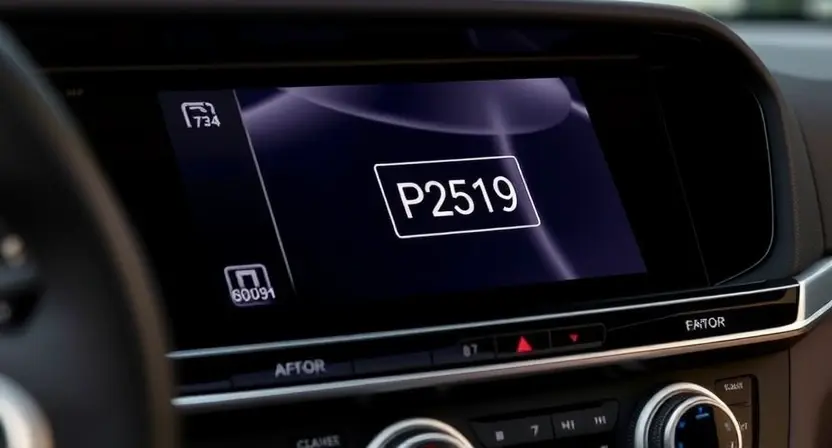 A close-up of a car's dashboard with the climate control system highlighted. Focus on the error message 'P2519' displayed on the infotainment screen. The background should show a slightly blurred view of the car's interior, emphasizing the dashboard and climate control area. The overall lighting should be realistic and focused on the screen.