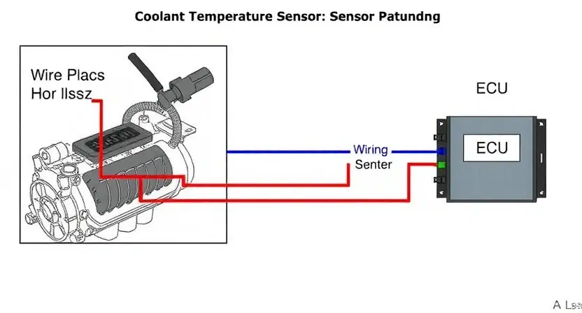 A detailed diagram illustrating a car's engine coolant temperature sensor and its connection to the engine control unit (ECU). The diagram should clearly show the sensor's location on the engine block, the wiring harness leading to the ECU, and the ECU itself. Use color-coding to differentiate the various components (sensor, wires, ECU). Include labels for each component and wire. The image should emphasize the circuit path and potential points of failure.