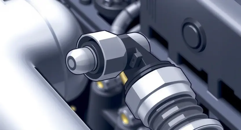 A close-up, detailed illustration of an engine's coolant temperature sensor. The sensor should be clearly visible, showing its electrical connector and the surrounding engine components. Focus on the sensor's physical appearance and its connection to the engine block. The background should be blurred, emphasizing the sensor as the main subject.