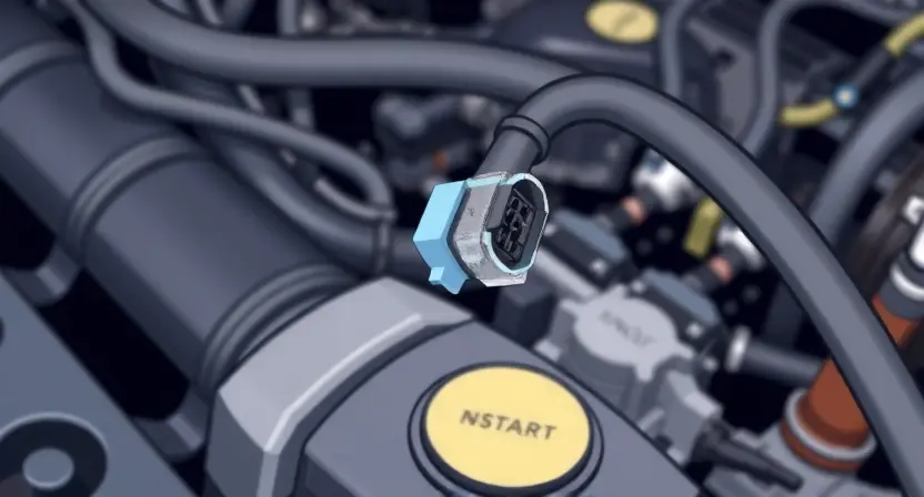 A close-up, detailed illustration of a car engine bay. Focus on the coolant temperature sensor and its wiring harness. Include visual indicators of a malfunctioning sensor, such as a slightly corroded connector or a subtly different color on the wiring. The overall aesthetic should be clean and informative, suitable for a repair manual. The background should be blurred, emphasizing the sensor area.