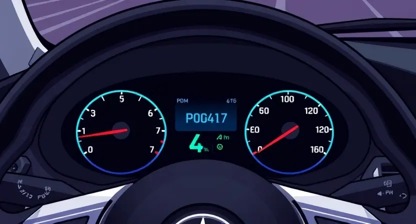 A detailed illustration of a car's dashboard with a diagnostic code display showing 'P0617'. The dashboard should be brightly lit and clearly show the code. Include relevant car components like the steering wheel, instrument cluster, and air vents.