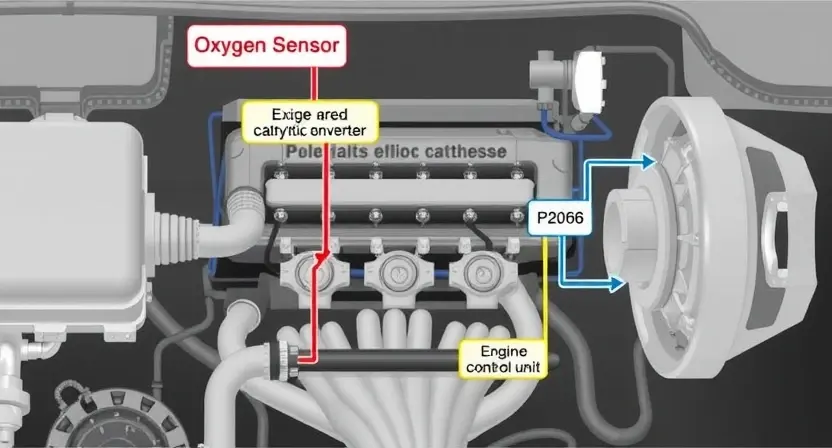 A detailed diagram illustrating the P2066 error in a car's engine system. The diagram should clearly show the affected components (e.g., oxygen sensor, catalytic converter, engine control unit) and the flow of data between them. Use color-coding to highlight the problematic area. Focus on technical accuracy and clarity.
