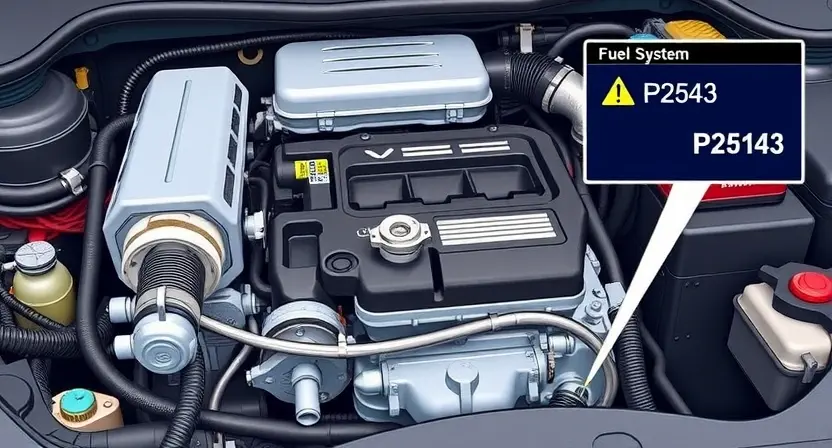 A detailed illustration of an engine bay with a focus on the fuel system. Include a fuel injector, fuel rail, fuel pump, and a sensor labeled 'Fuel System Sensor'. The sensor should be visually connected to a diagnostic interface or computer screen displaying the error code P2543. The overall lighting should be bright and clear, highlighting the components.