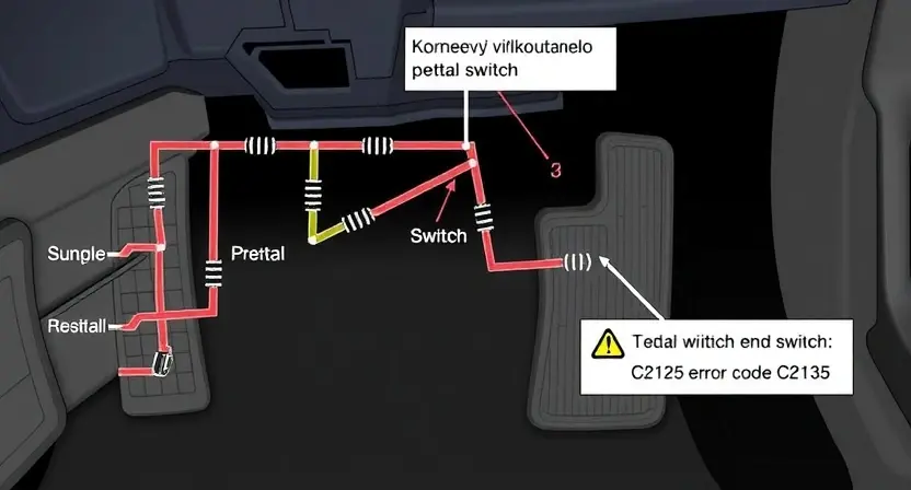 A detailed illustration of a car's pedal switch circuit with a highlighted концевой выключатель (end switch) showing a fault. The circuit should be clearly labeled with components like wiring, resistors, and the switch itself. The image should depict the C2125 error code visually, perhaps with a warning symbol or a broken circuit line.