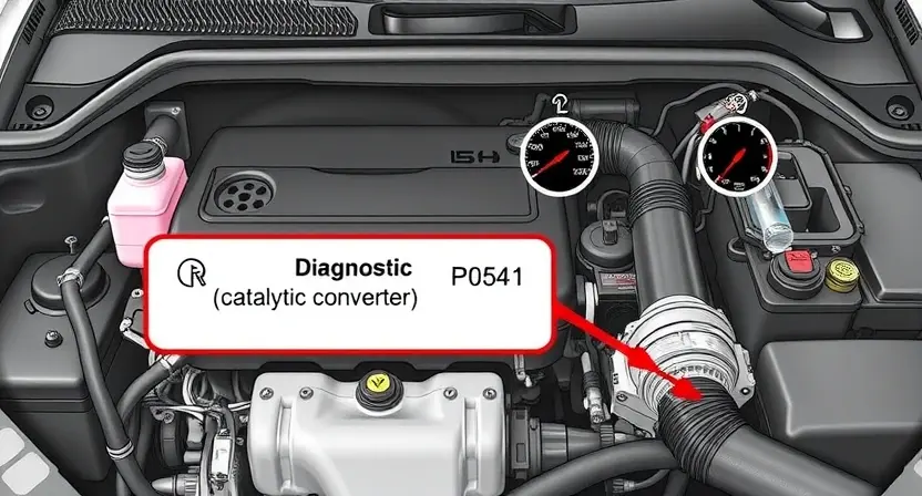 A detailed illustration of a car's engine bay with a diagnostic code P0541 highlighted on a dashboard display. Wires, sensors, and hoses are visible, suggesting a potential issue with the catalytic converter or related components. Focus on clarity and technical accuracy.