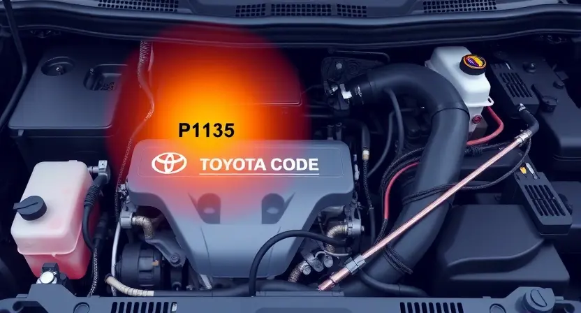 A detailed illustration of a Toyota car engine bay, showcasing the P1135 error code indicator light illuminated. Focus on the engine components, wiring, and the dashboard with the error light clearly visible.