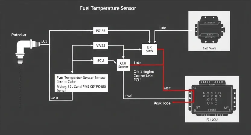 A detailed schematic diagram of an engine's fuel temperature sensor circuit, highlighting the P0183 error code and its impact on the engine control unit (ECU). Include visual representations of the sensor, wiring, and ECU.