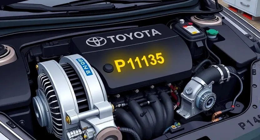 A detailed illustration of a Toyota car engine bay with a focus on the P1135 error code indicator light illuminated. Include various engine components like the alternator, distributor, and wiring harness. The background should be a slightly blurred garage setting.