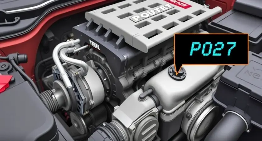 A detailed illustration of a car engine with the P0627 error code highlighted. The engine should be realistically depicted, showing various components like the camshaft, crankshaft, and sensors. The P0627 code should be clearly visible on a digital display near the engine.