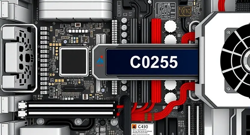 A detailed illustration of a computer motherboard with various components, including a CPU, RAM, GPU, and power supply. Highlight the C0255 error code displayed on a diagnostic scanner connected to the motherboard. The scanner should be clearly visible and displaying the error message. Focus on the technical aspects and the diagnostic process.