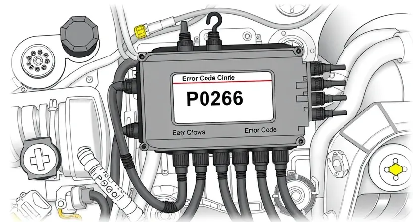 A detailed illustration of an engine control unit (ECU) with various sensors and wiring. Highlight the P0266 error code indicator. The background should be a clean, technical environment.