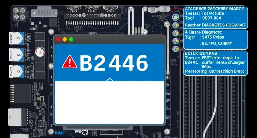 A technical illustration depicting a computer motherboard with a highlighted error code B24A6. The motherboard should be detailed and show various components like CPU, RAM, and capacitors. The error code should be clearly visible on a screen connected to the motherboard, with an accompanying diagnostic tool displaying relevant information.