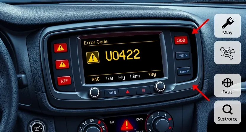 A detailed technical illustration of a car's cabin module displaying an error code U0422 on a diagnostic screen, with warning lights and symbols indicating a fault in the vehicle's control module, realistic automotive interior, high quality