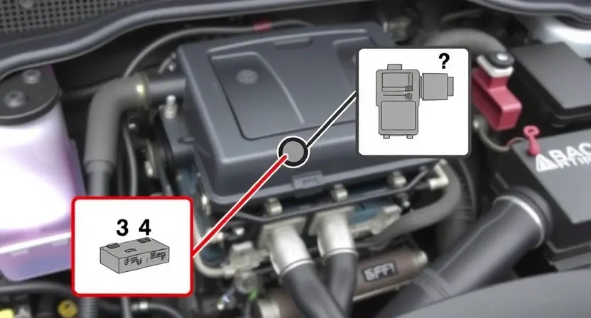 A detailed illustration of an automotive engine bay, focusing on the location of the mass airflow sensor (MAF sensor). The sensor should be clearly visible, with wires and connectors around it. Include a diagram showing the sensor's connection to the engine control unit (ECU). The background should be slightly blurred to emphasize the sensor.