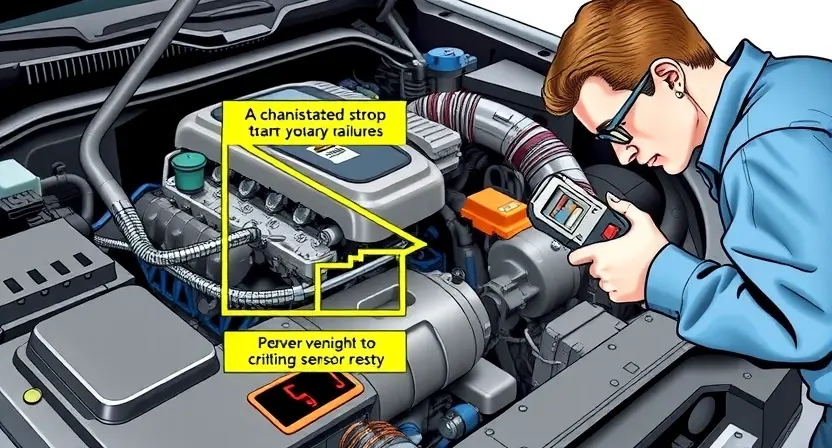 A detailed illustration of a car engine with a highlighted sensor circuit, showing the critical components and connections. The image should depict a professional mechanic inspecting the sensor with diagnostic tools, emphasizing the importance of regular maintenance and checks to prevent critical failures.