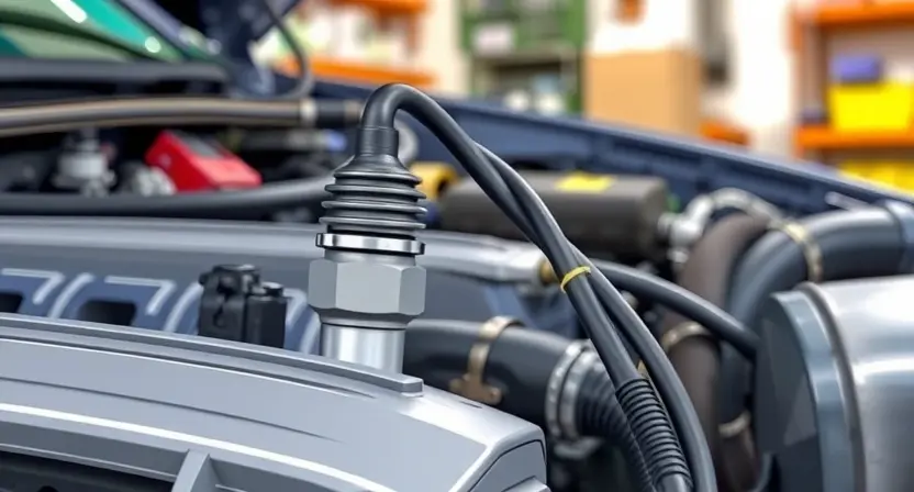 A close-up, detailed illustration of a car engine with a focus on the oxygen sensor and related wiring. The sensor should be clearly visible, and the wiring should be neatly organized. The background should be blurred, suggesting a workshop environment. The overall image should convey technical precision and clarity.
