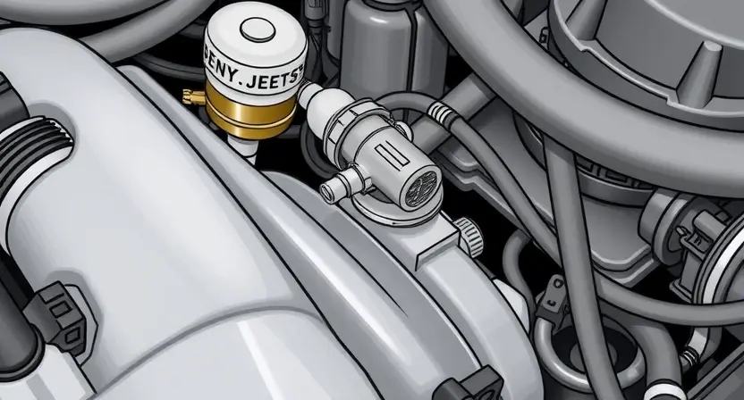 A close-up, detailed illustration of an engine bay with a focus on the oxygen sensor and its wiring. The sensor should be clearly visible, along with the surrounding hoses and wires. The overall scene should convey a sense of automotive mechanics and diagnostics.
