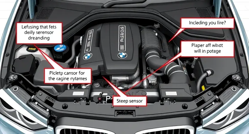 A detailed illustration of a BMW car engine bay, focusing on the area related to the P1689 error code. Include visual representations of relevant sensors, wiring harnesses, and potential components that could be causing the issue. The image should be clean and well-lit, highlighting the technical aspects.