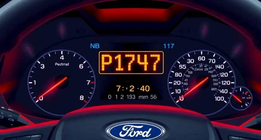 A detailed illustration of a Ford vehicle's dashboard with the P1747 error code illuminated on the display. The dashboard should be well-lit and show various gauges and indicators. Focus on the error code display and its surrounding context.