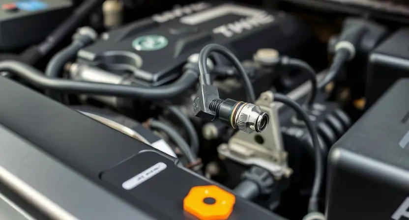 A close-up, detailed image of a car engine bay. Focus on the coolant temperature sensor and its wiring. The engine should be clean and well-maintained. The background should be slightly blurred, showing other engine components. The overall lighting should be bright and even, highlighting the sensor's details.
