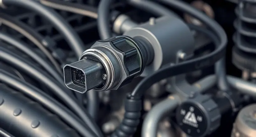 A close-up, detailed illustration of an engine bay with a clear focus on the Engine Coolant Temperature (ECT) sensor. The sensor should be prominently displayed, with visible wiring and connections. Include surrounding engine components like hoses and belts, but keep the background slightly blurred to emphasize the sensor. The overall lighting should be bright and clean, highlighting the sensor's details.