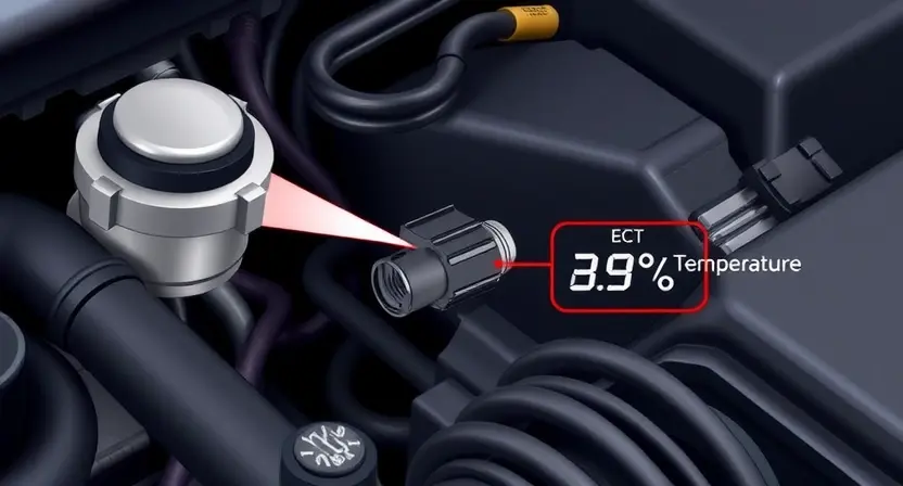 A close-up illustration of a car engine bay, highlighting the Engine Coolant Temperature (ECT) sensor. The sensor should be clearly visible, along with nearby hoses and wiring. A digital display showing a temperature reading slightly outside the normal range could be subtly included. Focus on the sensor and its immediate surroundings.