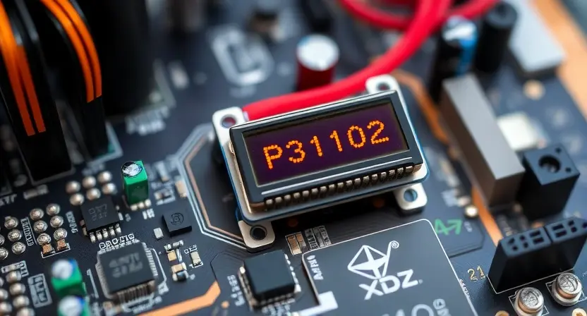 A close-up, detailed illustration of a computer motherboard with a highlighted error code P3102 displayed on a small LCD screen connected to the motherboard. Focus on the electronic components and the error message. The background should be blurred, suggesting a technical environment.