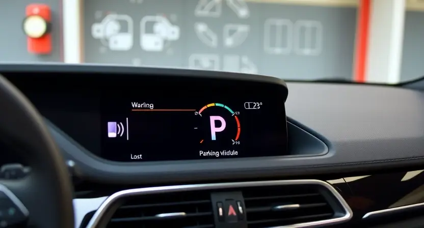A modern car interior with a dashboard displaying a warning symbol for lost communication with parking module, subtle technical diagrams in background, clean professional lighting, no text or numbers on image