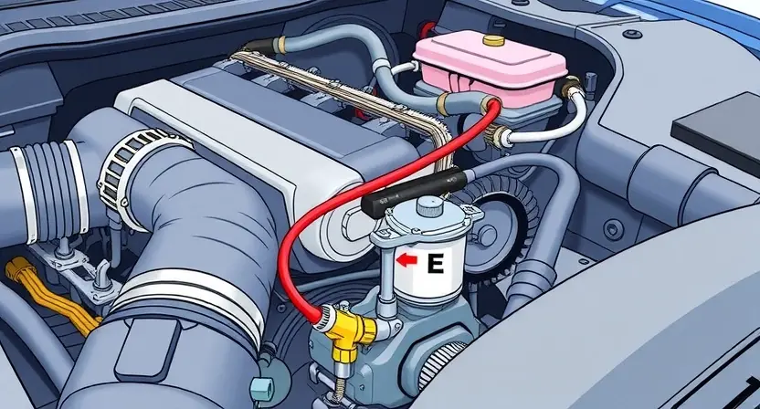 A detailed illustration of a car's engine bay, specifically focusing on the solenoid valve labeled 'E'. The solenoid should be clearly visible, with wires connected to it. The surrounding engine components should be in focus, showing various parts like hoses, belts, and sensors. The overall lighting should be bright and even, highlighting the details of the engine.