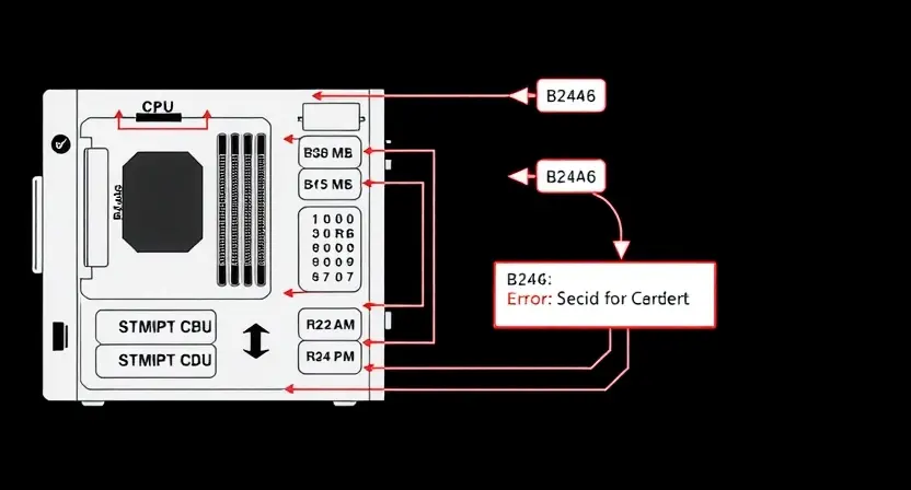 A detailed schematic diagram illustrating a computer system with a highlighted B24A6 error. The diagram should show components like the motherboard, CPU, RAM, and peripherals, with arrows indicating data flow. The B24A6 error should be visually represented with a red highlight and an error message box.