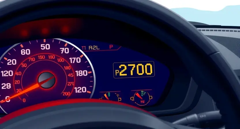 A detailed illustration of a car's dashboard displaying an error message 'P2700'. The dashboard should show the error code prominently, along with relevant warning lights illuminated. The background should be a slightly blurred image of a car interior.