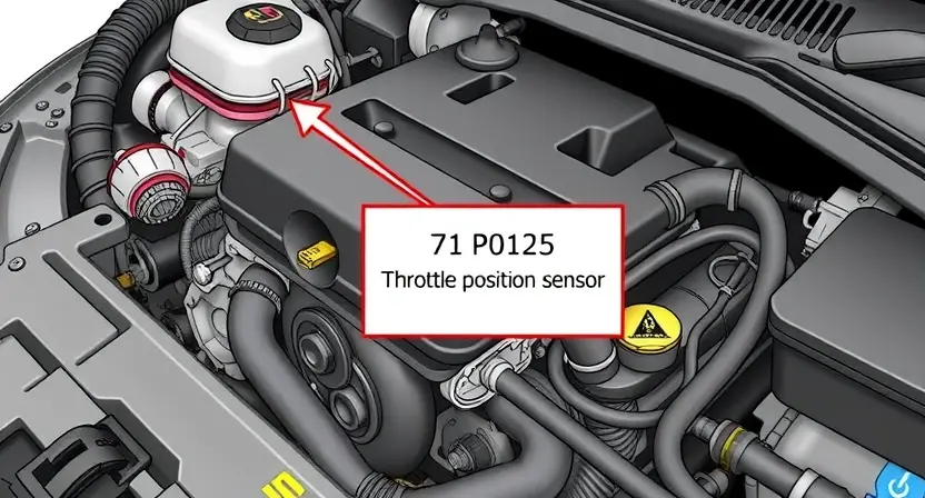 A detailed illustration of a car engine with a highlighted section indicating the throttle position sensor, which is commonly associated with the P0125 error code. The image should show the engine components clearly, with the throttle position sensor emphasized to help users identify its location. The overall scene should be realistic and detailed, focusing on the mechanical aspects of the engine.