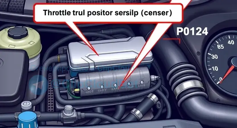 A detailed illustration of a car engine bay, focusing on the throttle position sensor. The sensor should be clearly visible, with wiring and connections highlighted. Include visual cues representing the P0124 error code, such as a diagnostic light illuminated on the dashboard. The overall scene should be realistic and informative, suitable for a repair manual or online tutorial.