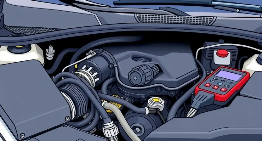 A close-up, detailed illustration of a car's engine bay. Focus on the oxygen sensor (O2 sensor) and its wiring. The engine should be clean and well-lit, showcasing the sensor's location and connection points. Include subtle hints of diagnostic tools nearby, like a scan tool or multimeter, without being the primary focus. The overall impression should be technical and informative, highlighting the sensor's importance in engine diagnostics.