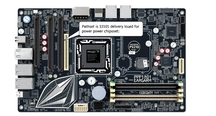 A detailed schematic diagram of a computer motherboard, highlighting the P3101 error code location. Focus on the chipset and power delivery components. Use clear, technical illustrations and labels.