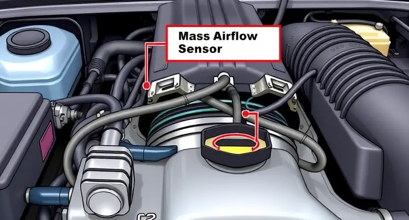 A detailed illustration of a car's engine bay, focusing on the mass airflow sensor (MAF) and its wiring. The MAF sensor should be clearly visible, with its connector and associated wiring harness. The engine should be in a neutral state, with no visible damage or issues. The background should be a slightly blurred view of the engine components.