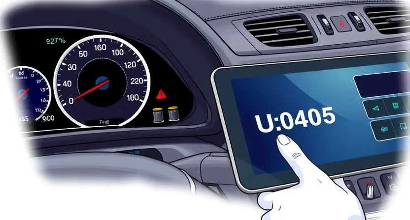 A detailed technical illustration of a car's cruise control system showing speedometer, control buttons, and warning signs indicating an error, with a mechanic's hand holding a diagnostic tablet displaying error code U0405, clean background, high detail