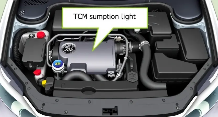 A detailed illustration of a car's engine bay with the transmission control module (TCM) highlighted. The TCM should be clearly visible and labeled with a P0629 code indicator. Include visual cues representing the symptoms of a P0629 code, such as a check engine light illuminated on the dashboard and a car in a state of slow or erratic acceleration.