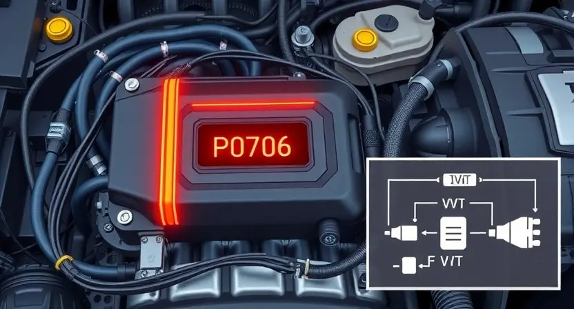 A detailed illustration of an automotive engine control unit (ECU) with various sensors and wiring. The ECU should be highlighted with glowing lines indicating data flow. Include a visual representation of the P0706 error code displayed on a dashboard, along with a simplified diagram of the system causing the error (e.g., a VVT system).