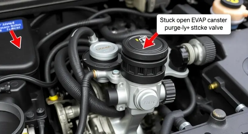 A detailed technical illustration of a stuck open EVAP canister purge valve in a Subaru engine bay, showing the valve mechanism partially open with airflow lines, surrounded by engine components like hoses and wiring, in a clean, well-lit workshop environment, no text or labels