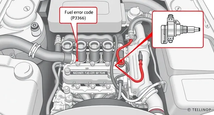 A detailed illustration of a car's fuel injection system, highlighting the P3366 error code and its potential causes. Include diagrams of fuel injectors, sensors, and the engine control unit (ECU). Focus on technical accuracy and clarity.