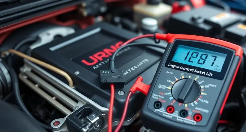 A close-up, detailed image of a car's engine bay. Focus on the engine control unit (ECU) and related sensors, with a multimeter connected to a sensor wire. The background should show other engine components, but blurred to keep the focus on the ECU and multimeter. The lighting should be bright and even, highlighting the details of the components. The overall impression should be technical and informative, suggesting diagnostics and troubleshooting.