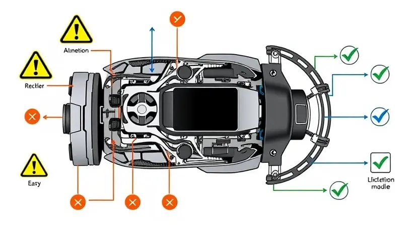 A high-quality technical illustration showing a modern vehicle's brake control module with clear wiring and sensor connections, surrounded by safety symbols like warning signs and checkmarks, clean white background, professional engineering diagram style, no text labels or numbers on image