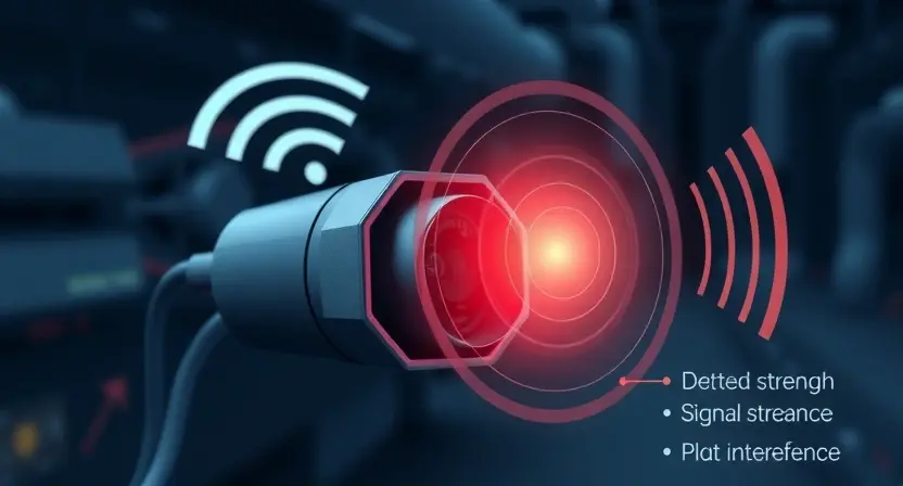 A close-up illustration of an automotive sensor transmitting data, with visual representations of signal strength and potential interference. The background should be a clean, technical environment.
