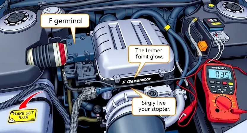 A detailed illustration of an automotive engine bay, focusing on the generator and its wiring harness. Highlight the F terminal connection and indicate a weak signal with visual cues like a faint glow or a slightly dimmed connection. Include diagnostic tools like a multimeter near the generator.