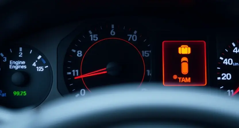 A close-up shot of an automotive dashboard displaying a warning light related to engine or emissions. The dashboard should be clean and modern, focusing on the illuminated warning indicator. The background should be blurred to emphasize the dashboard.