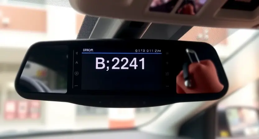 A detailed view of a car's rearview mirror with a visible error code B2241 displayed on the mirror's built-in screen. The mirror should be in a modern car interior, with the dashboard and other interior elements visible. The focus should be on the mirror and the error code, with a slightly blurred background to emphasize the issue.