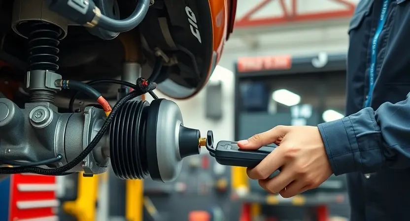 A detailed, high-quality image depicting a mechanic inspecting a car's air suspension compressor. The compressor is clearly visible, with wires and hoses connected. The mechanic is using a diagnostic tool to check the system. The background shows a well-lit garage environment with tools and equipment. Focus on the compressor and the diagnostic process.
