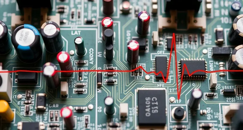 A complex electronic circuit board with visible components like capacitors, resistors, and integrated circuits. Focus on the signal path and potential points of failure. The board should be well-lit and detailed, showcasing the intricate connections. Include a subtle visual representation of a signal fluctuating outside of normal parameters, perhaps a faint red line indicating an anomaly.
