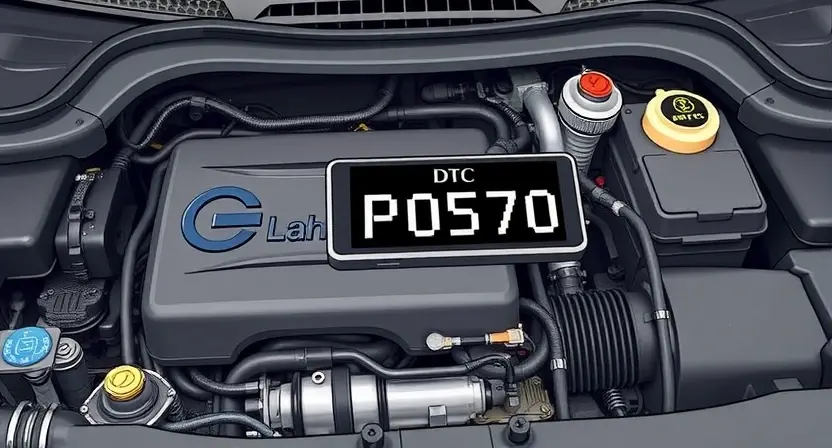 A detailed illustration of a car's engine bay, highlighting the engine control unit (ECU) and various sensors. Focus on the diagnostic trouble code (DTC) P0570 being displayed on a dashboard or diagnostic tool. The image should convey a sense of technical precision and automotive repair.
